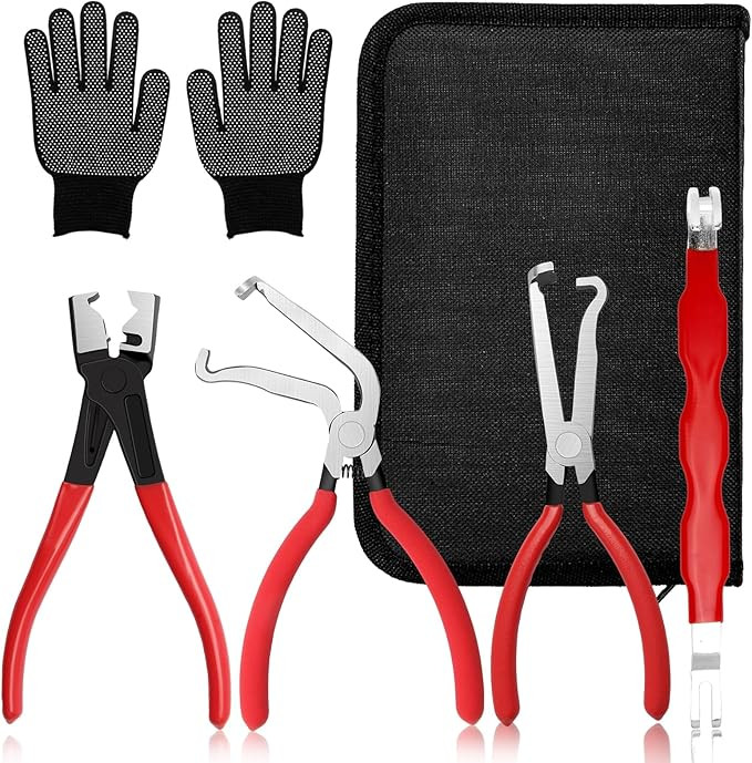 【5-Pcs Kit】Electrical Disconnect Pliers Set w/Gloves - Auto Connector Tool for Fuel Line, Wiring, Sensors & Coils | Quick-Release Car Truck Repair (Red)