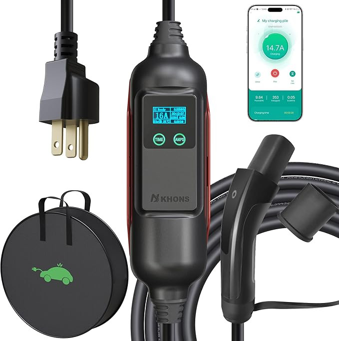 KHONS Level 1 EV Charger 16Amp 120V Electric Vehicle Charger with 16FT Cable Portable Indoor/Outdoor Home EV Charging Station for Tesla Electric Cars with NEMA 5-15 Plug Smart APP