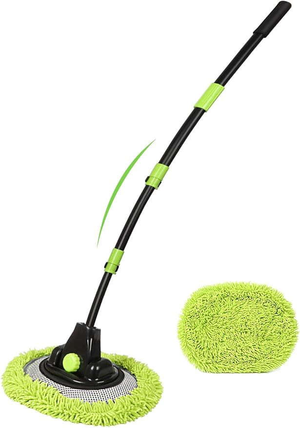 4 Sections Car Wash Brush with 15° Curved Aluminum Alloy Long Handle Telescopic Denser Chenille Microfiber Car Washing Mop for Exterior Interio Car RV SUV Truck Boat Solar Panel Household Clean 51.6”